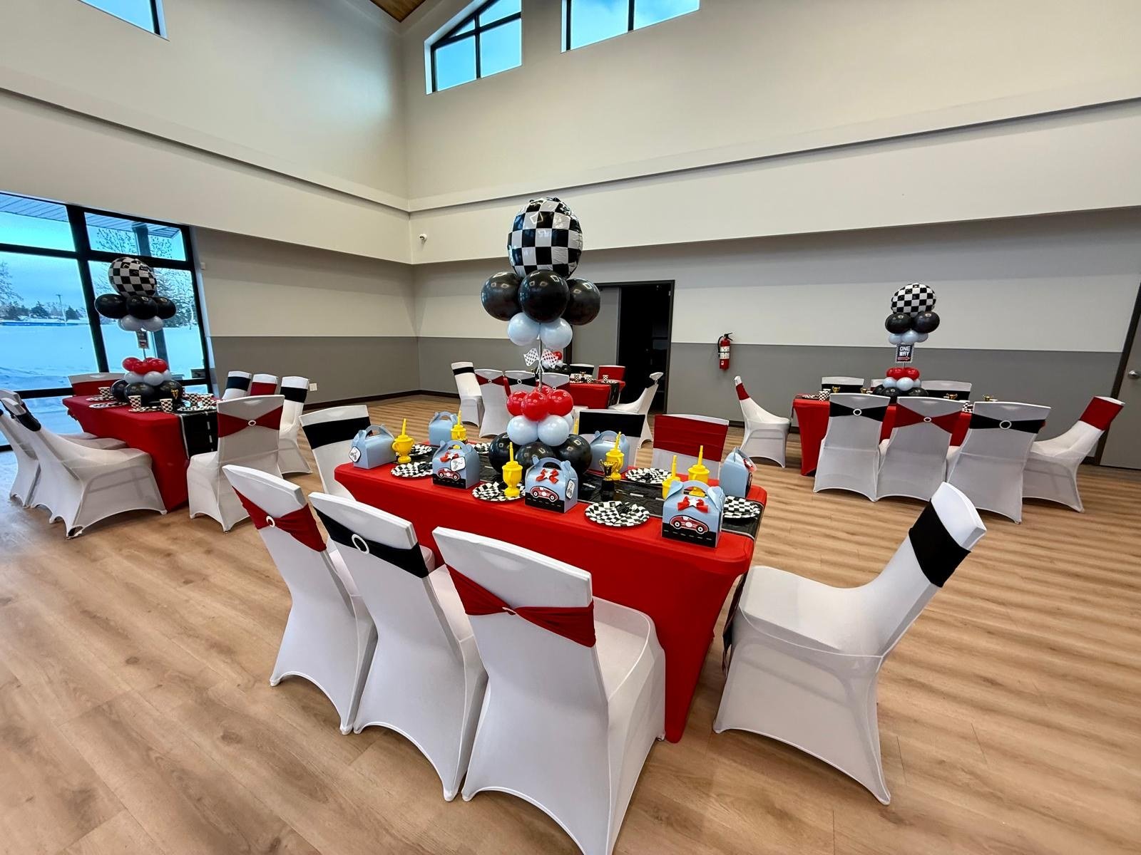 Race car birthday hall setup